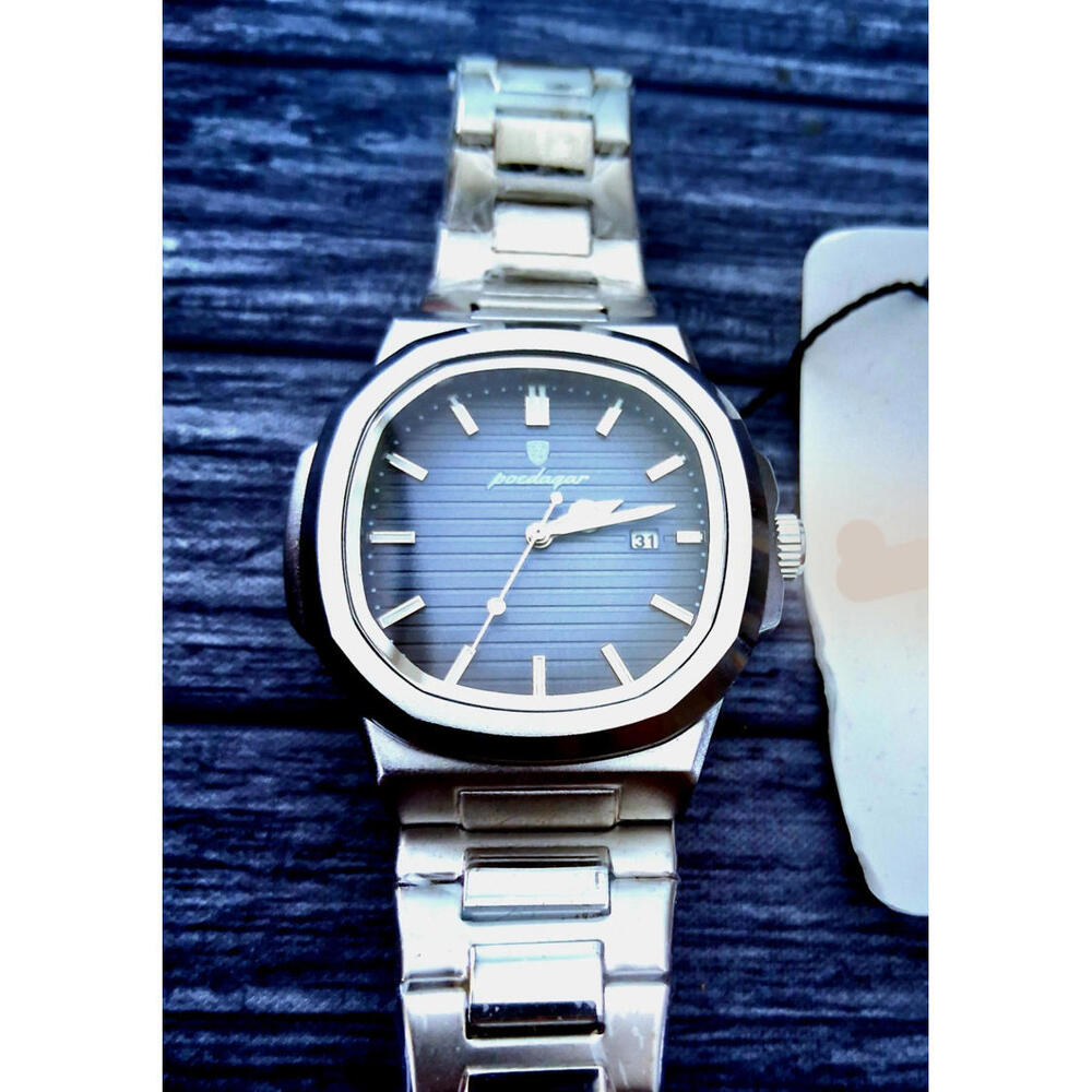 Vintage Poedagar Nautilis‎ Blue Guilloché Dial Mens Watch